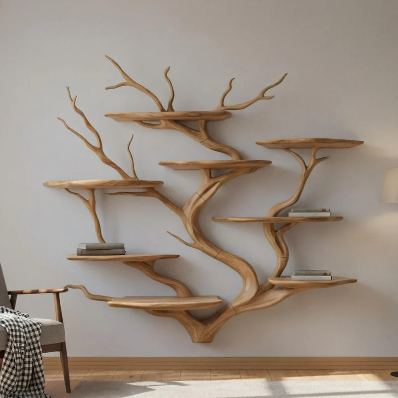 Spry Interior Sculpture Style Wooden Wall Shelf, Artistic Branch Shaped Floating Bookshelf for Living Room, Studio & Reading Room SINLKITBS110