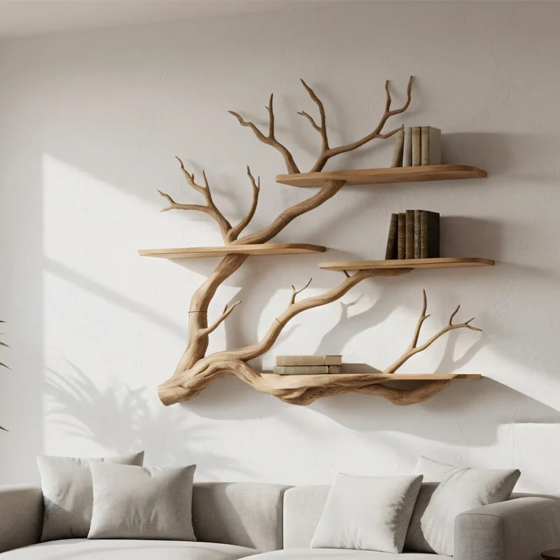 Spry Interior Nature Inspired Floating Wall Shelf, Handcrafted Tree Branch Wooden Bookshelf for Reading Room, Bedroom & Study SINLKITBS108