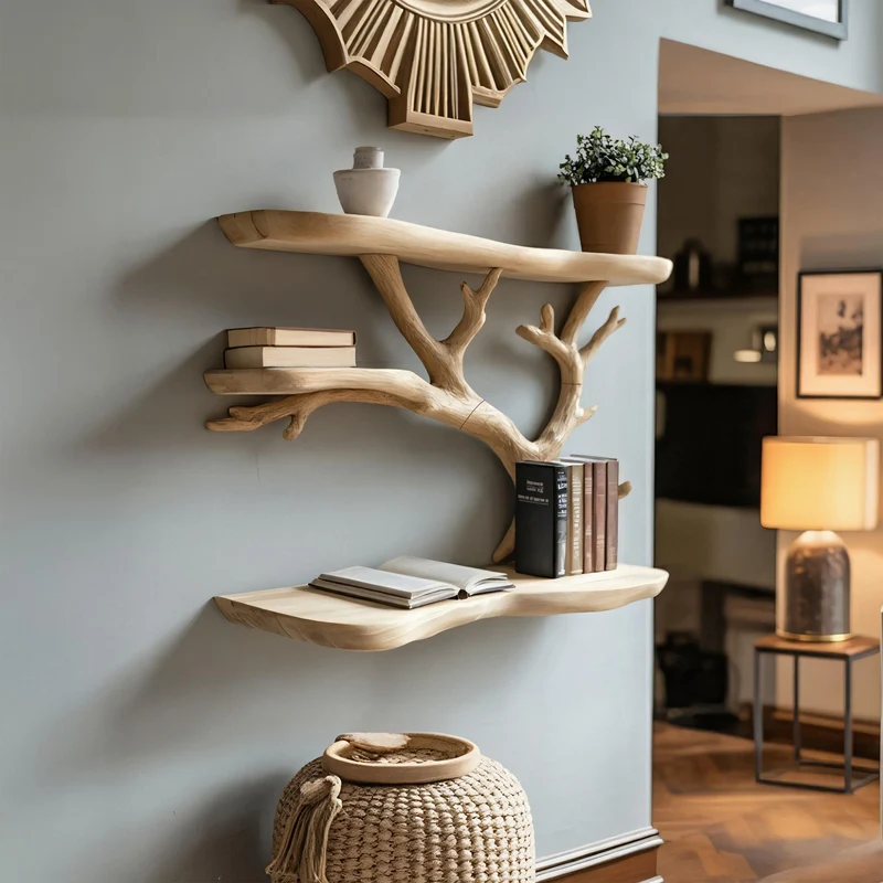 Spry Interior Tree Branch Shaped Floating Wall Shelf, Rustic Wood Display Bookshelf for Bedroom, Kids Room & Living Room Decor SINLKITBS107