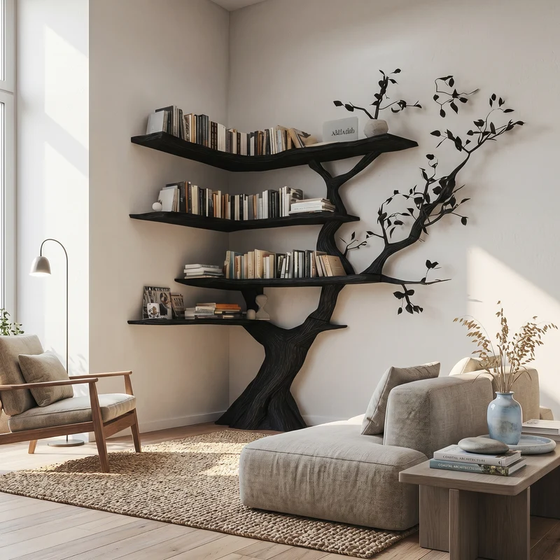 Spry Interior Handmade Corner Tree Bookshelf, Space Saving Solid Wood Bookcase, Decorative Accent Storage Shelf for Living Room SINLSATB603