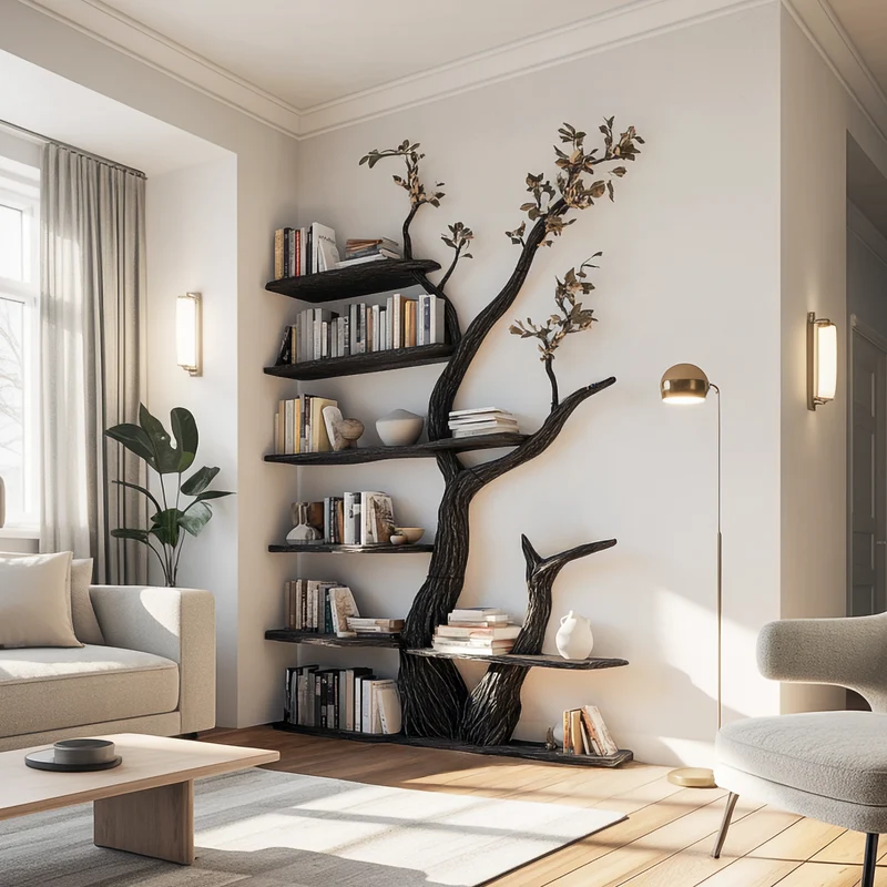 Spry Interior Rustic Modern Tree Bookshelf, Free Standing Solid Wood Bookcase Storage Organizer, Creative Living Room Display Rack SINLSATB605