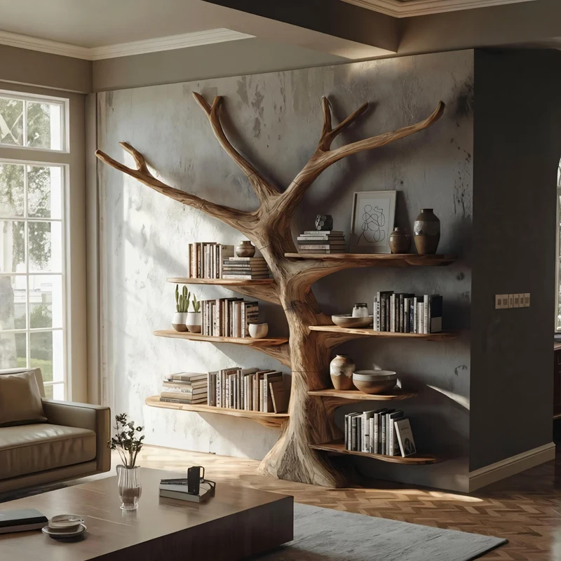 Spry Interior Rustic Tree Wall Mounted Bookshelf, Handcrafted Wood Branch Bookcase Storage, Floating Decorative Library Organizer SINLKITB608