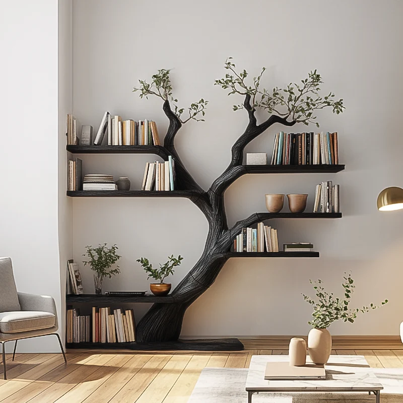 Spry Interior Rustic Tree Bookshelf, Free Standing Solid Wood Bookcase Storage Stand, Decorative Bedroom & Living Room Organizer SINLSATB606