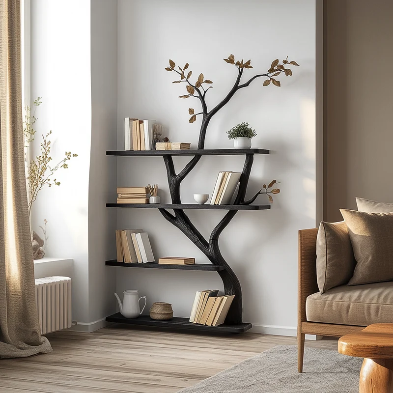 Spry Interior Handcrafted Tree Bookshelf, Freestanding Solid Wood Decorative Bookcase, Multi-Shelf Home Library Storage Organizer SINLSATB604