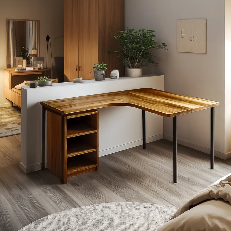 Spry Interior Scandinavian Clean Corner Writing Desk, L-Shaped Solid Wood Computer Table for Study Room, Bedroom Workspace SINLSADK077