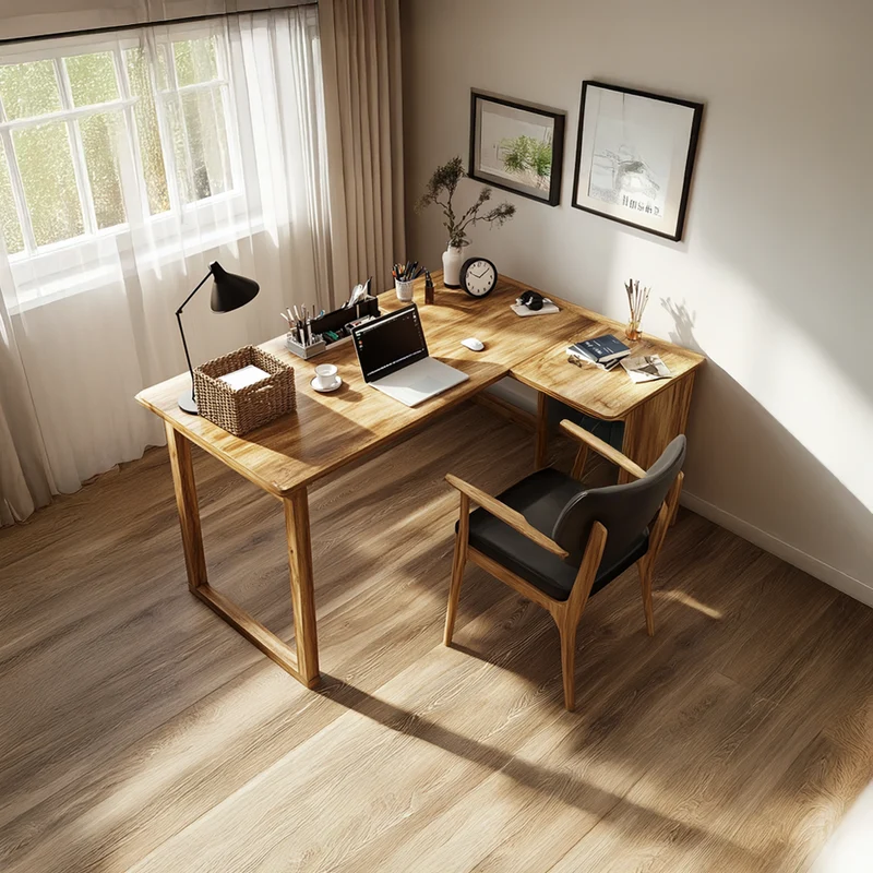 Spry Interior Warm Minimalist Writing Corner Desk, L-Shape Solid Wood Computer Table for Studio, Reading Room & Work Space SINLSADK050