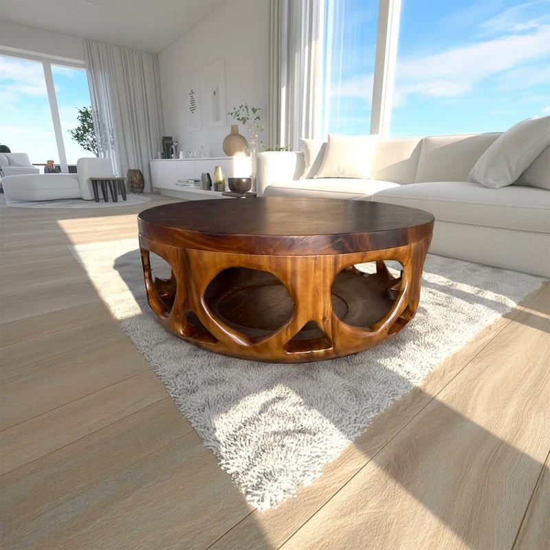 Spry Interior Mid Century Wooden Round Coffee Table, Handcrafted Solid Wood Circular Center Table, Modern Living Room Accent Decor SINLSACF265