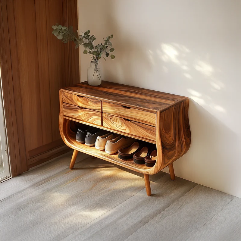 Spry Interior Mid Century Modern Shoe Organizer Bench, Soft Curved Solid Wood Storage Cabinet for Entryway, Reading Room SINLSASB067