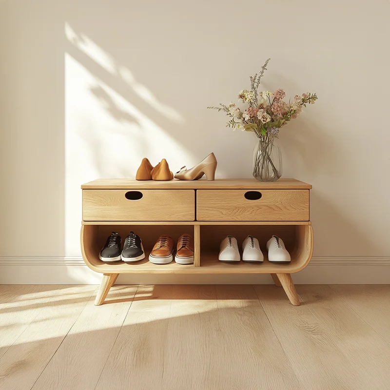 Spry Interior Mid Century Modern Organic Shoe Cabinet, Solid Wood Entryway Storage Organizer Bench for Hallway, Living Room SINLSASB065