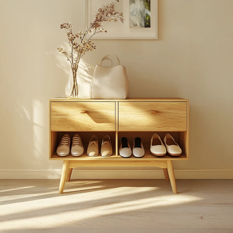 Spry Interior Mid Century Modern Shoe Cabinet, Handcrafted Solid Wood Entryway Storage Organizer Bench for Bedroom Closet SINLSASB064