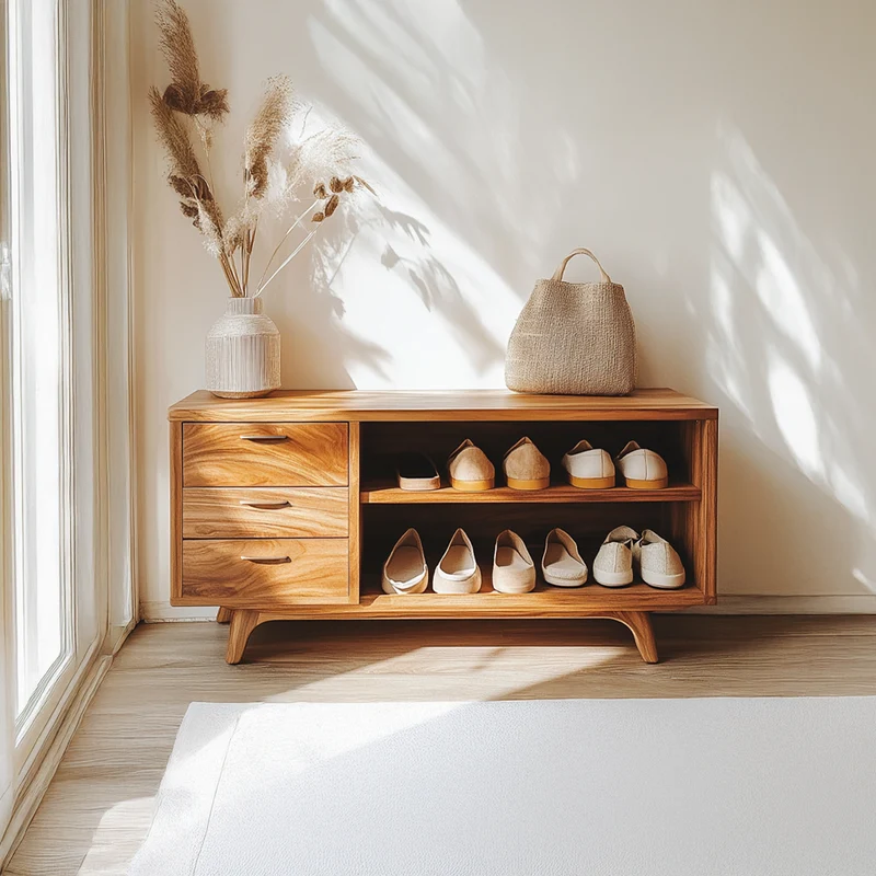 Spry Interior Mid Century Organic Shoe Storage Bench, Solid Natural Wood Entryway Cabinet Organizer for Creative Studio SINLSASB070