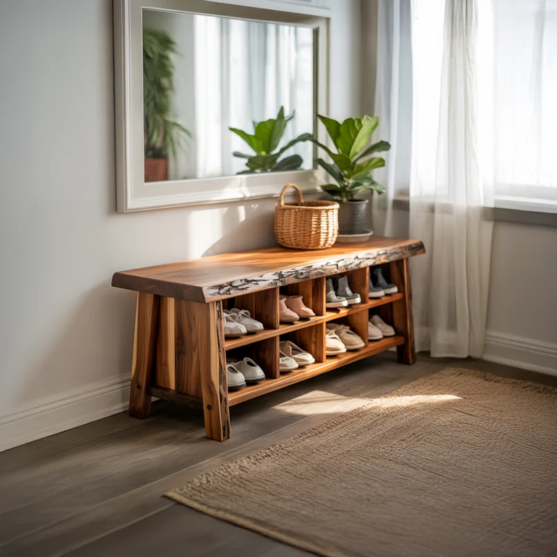 Spry Interior Rustic Live Edge Wood Shoe Bench, Handcrafted Slab Entryway Shoe Storage Organizer for Hallway & Mudroom SINLSASB073