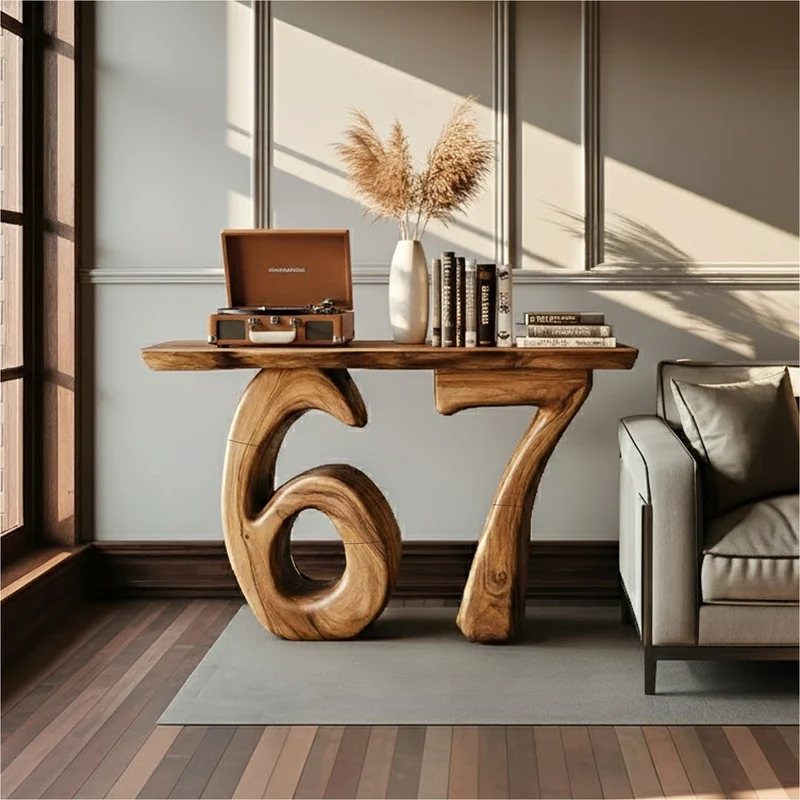 Spry Interior Sculptural Number 67 Wooden Console Table, Modern Abstract Entryway Decor & Living Room Hallway Accent Table, SINLKICS416