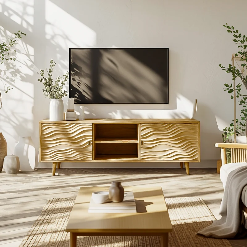 Spry Interior Scandinavian Natural Oak Wood TV Stand, Minimalist Mid Century Media Entertainment Console Cabinet, Model SINLSASC343