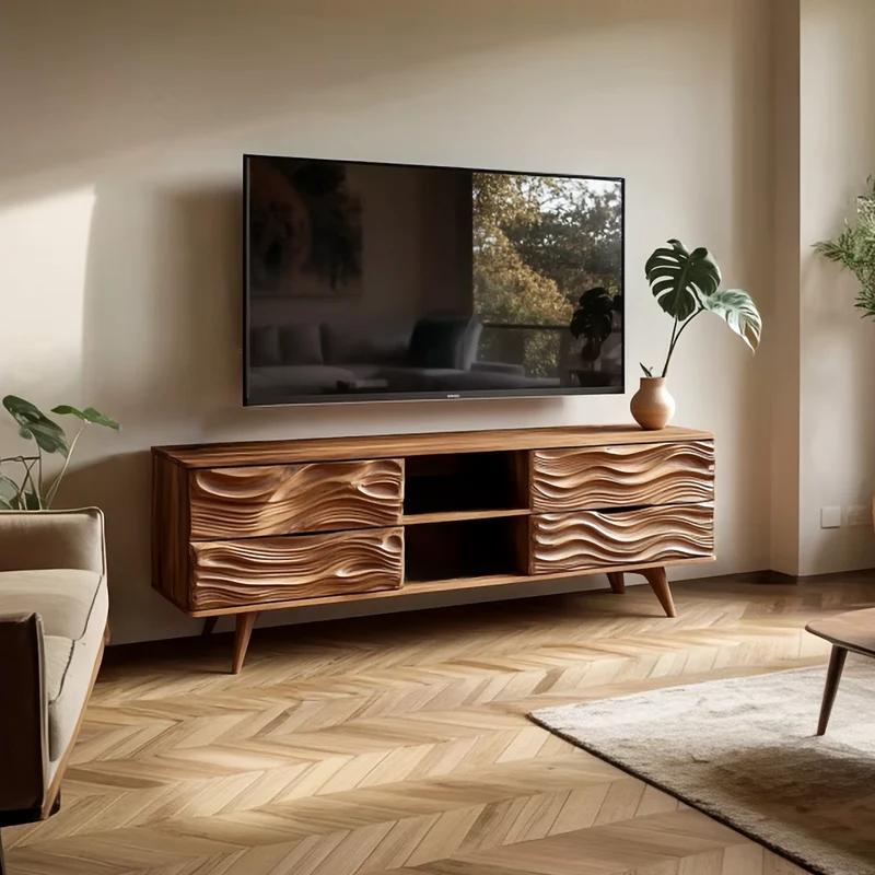 Spry Interior Mid Century Organic Modern TV Stand, Solid Wood Living Room Media Console & Office Storage Cabinet, Model SINLSASC342