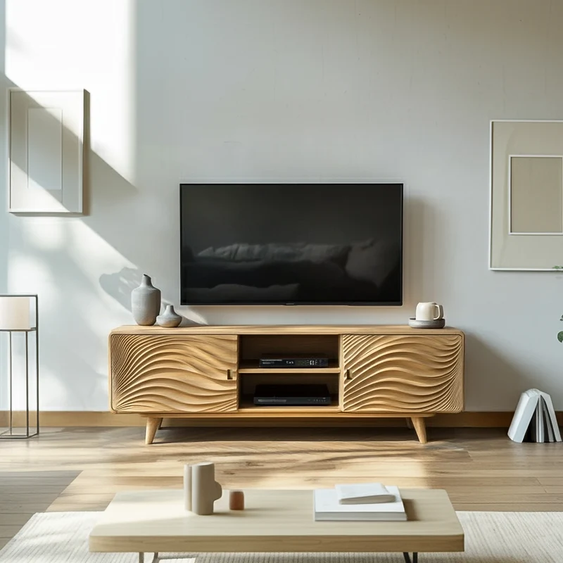 Spry Interior Scandinavian Modern Wood TV Stand, Minimalist Low Profile Media Console Cabinet for Living Room, Model SINLSASC344