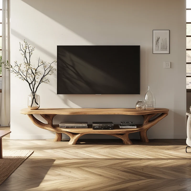 Spry Interior Rustic Organic Solid Wood TV Stand, Natural Live Edge Media Console Cabinet for Living Room & Bedroom, SINLSASC339
