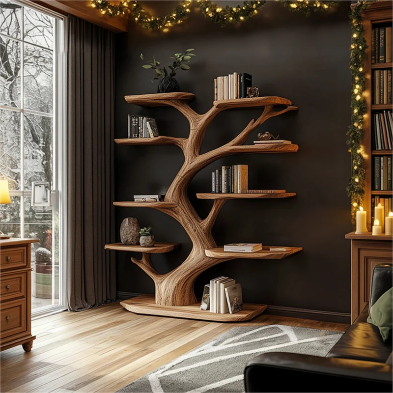 Spry Interior Rustic Tree Wall Shelf, Handmade Solid Wood Branch Bookcase, Holiday Decor Floating Shelf for Bedroom, SINLKITB595
