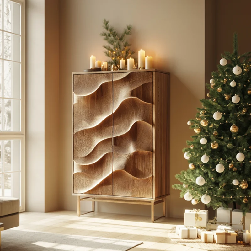 Spry Interior Rustic Wave Solid Wood Cabinet, Modern Sculpted Accent Sideboard & Living Room Storage Credenza, Model SINLSASC320