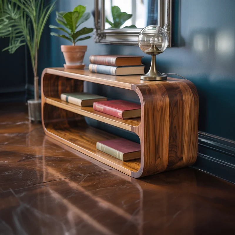 Spry Interior Mid Century Modern Curved Wood Storage Cabinet, Elegant Foyer Entryway Sideboard & Hallway Credenza, Model SINLKISC284