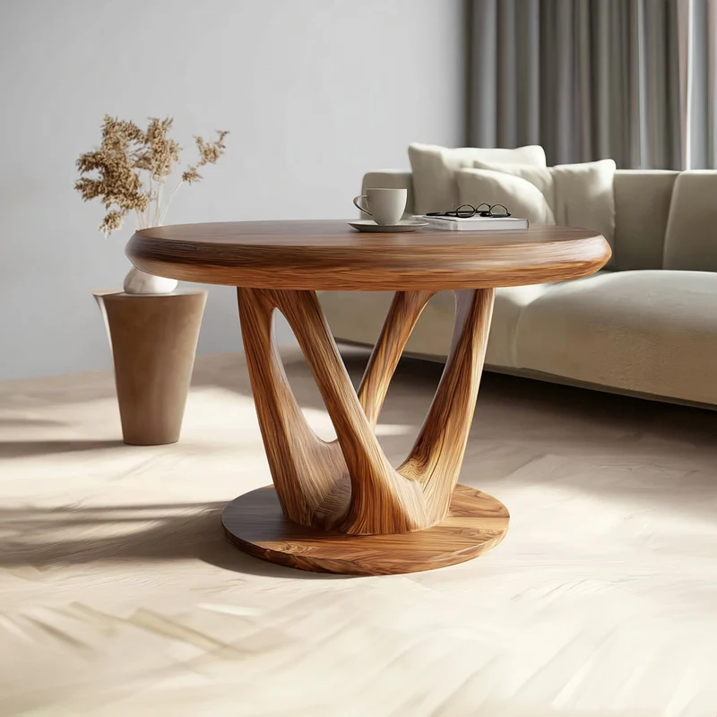 Spry Interior Mid Century Organic Round Table, Solid Wood Sculptural Coffee Table Centerpiece for Living Room, Den, Dining Room - SINLKICF199