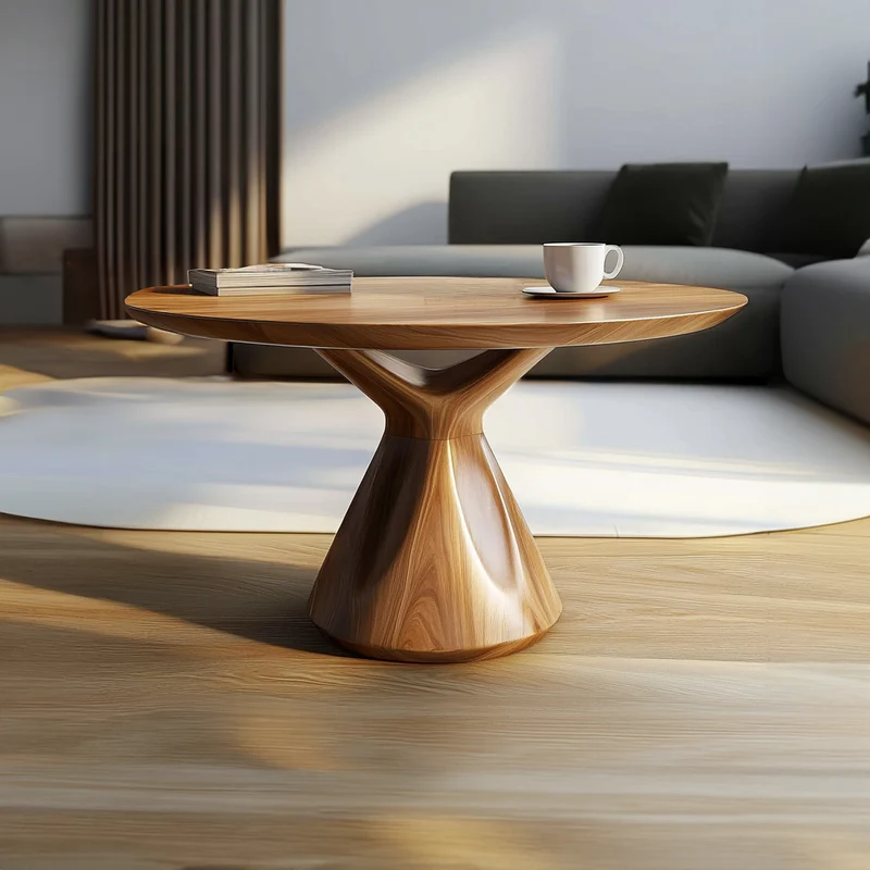 Spry Interior Modern Sculptural Round Coffee Table, Solid Wood Curved Geometric Accent Table for Living Room, Lounge, Studio - SINLKICF198