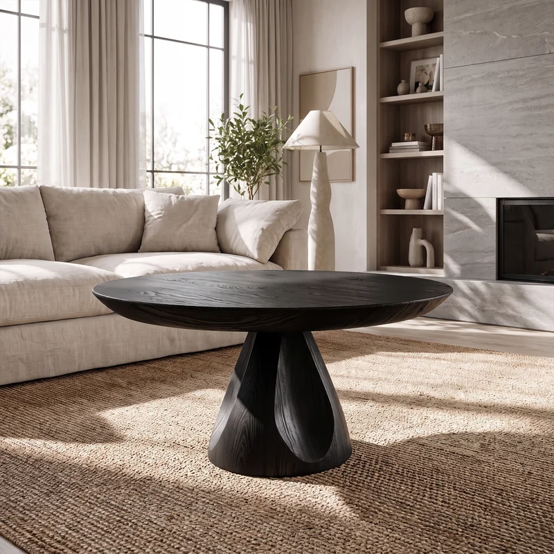 Spry Interior Contemporary Round Coffee Table, Solid Wood Minimalist Sculptural Accent Table for Living Room, Lounge, Family Room - SINLKICF211