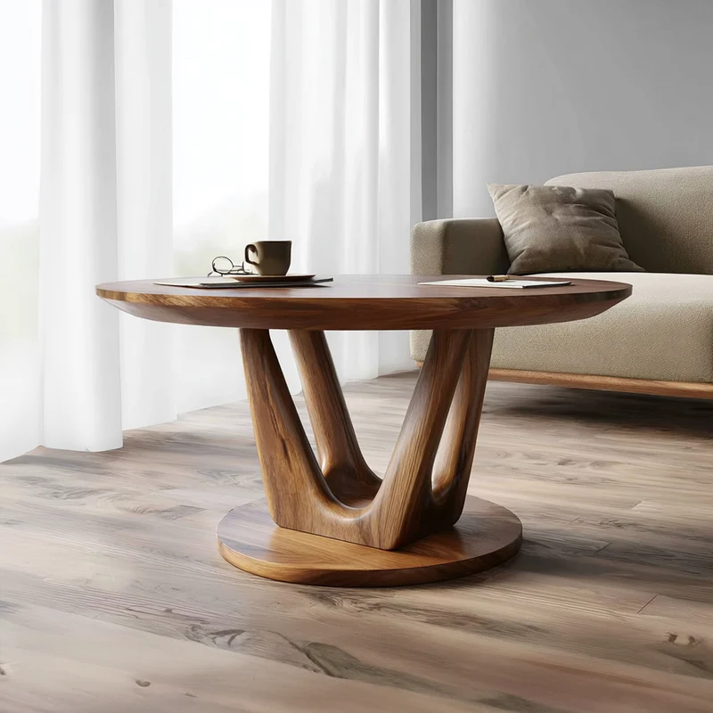 Spry Interior Contemporary Round Coffee Table, Mid-Century Modern Solid Wood Sculptural Centerpiece Table for Living Room, Lounge - SINLKICF212