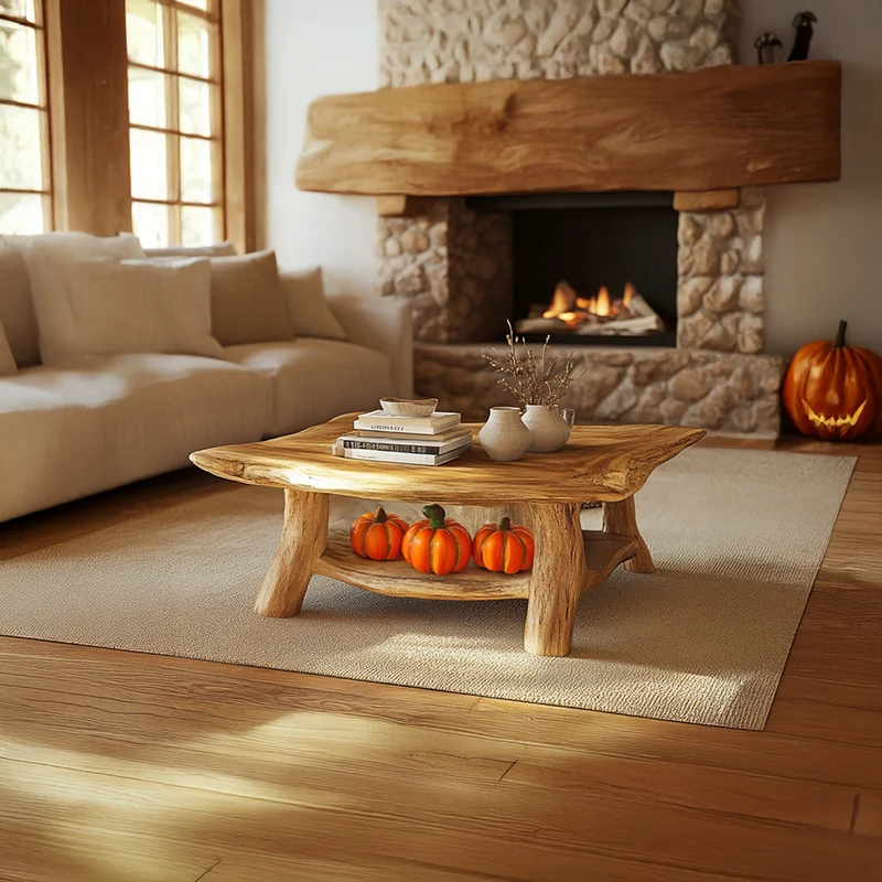 Spry Interior Rustic Natural Wood Coffee Table, Handcrafted Live Edge Tree Slab Centerpiece Table for Cozy Cabin Room, Living Room - SINLSACF226
