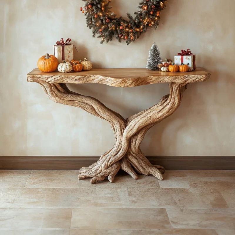 Spry Interior Rustic Console Table, Handcrafted Solid Wood Tree Root Base, Live Edge Entryway & Foyer Accent Display Table, SINLKICS326