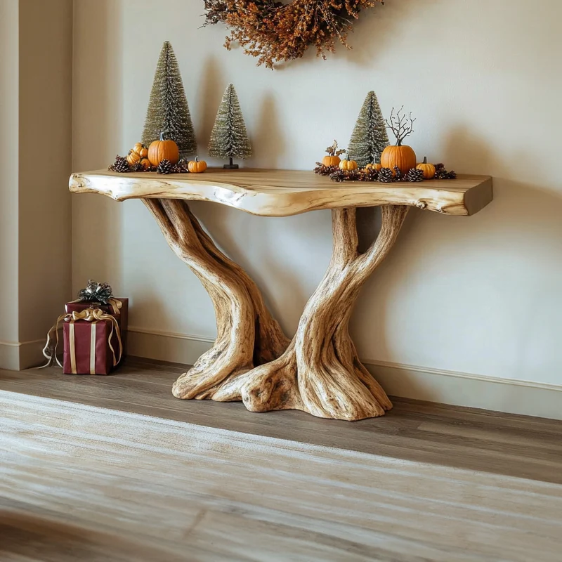 Spry Interior Mid Century Modern Console Table, Handcrafted Solid Wood Tree Root Base, Natural Live Edge Entryway Table, SINLKICS327