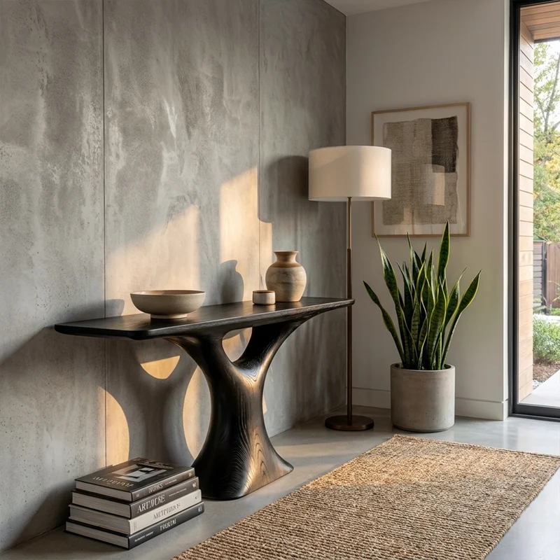 Mid Century Entry Table Smooth Sculptural Form Luxury Welcome Area SINLKICS330