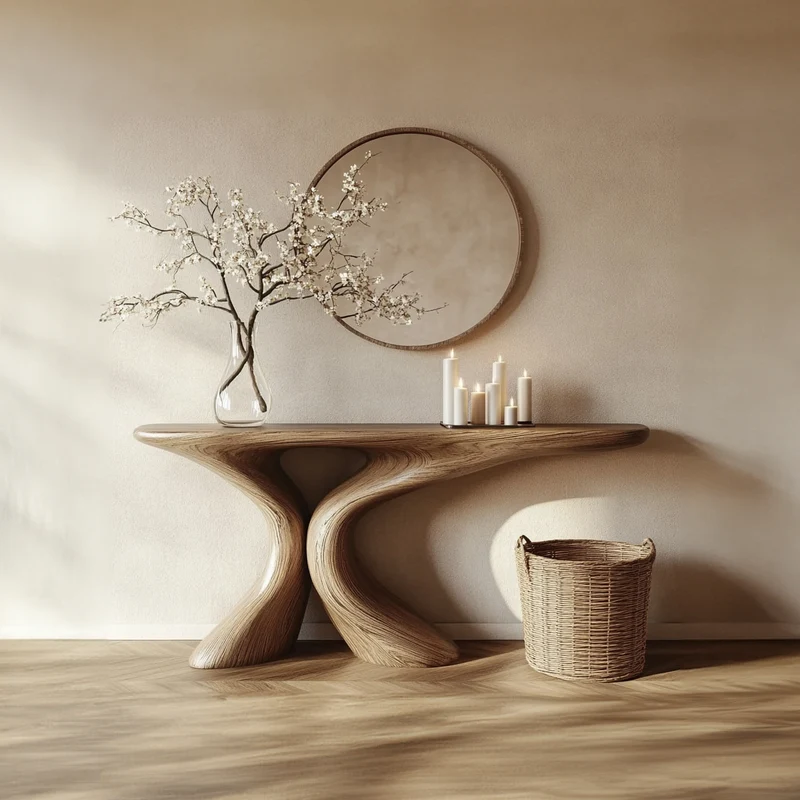 Spry Interior Rustic Entryway Table, Smooth Sculptural Solid Wood Form, Luxury Foyer Welcome Console Table, SINLKICS345