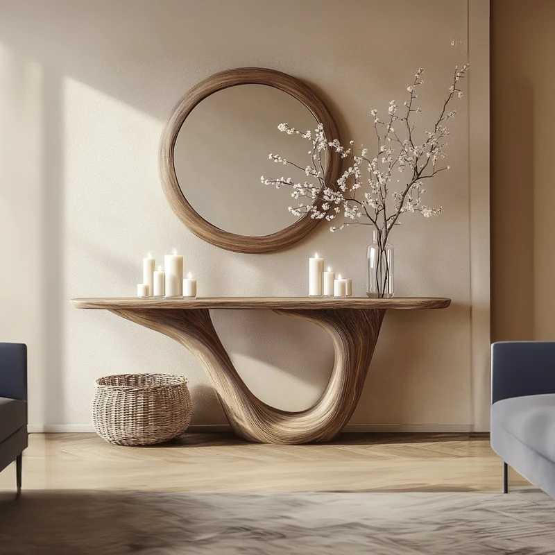 Spry Interior Mid Century Modern Console Table, Sculptural Wood Arch Base, Luxury Foyer Display & Entryway Table, SINLKICS344