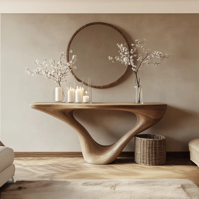 Spry Interior Mid Century Modern Console Table, Minimalist Carved Wood Art, Sleek Solid Wood Entryway & Foyer Table, SINLKICS346