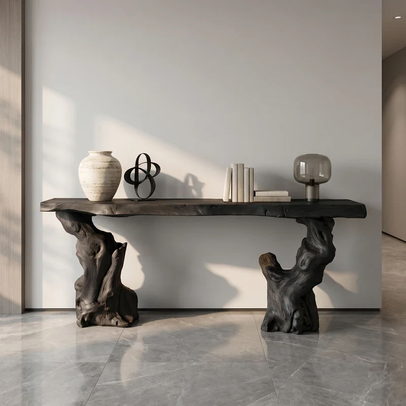 Spry Interior Mid Century Modern Console Table, Sculptural Wave Wood Base, Compact Entryway & Apartment Accent Table, SINLSACS382
