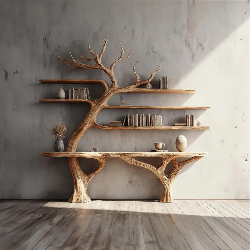 Spry Interior Rustic Wall Mounted Console Table, Unique Tree Branch Solid Wood Design, Space Saving Floating Foyer Shelf, SINLKICS304