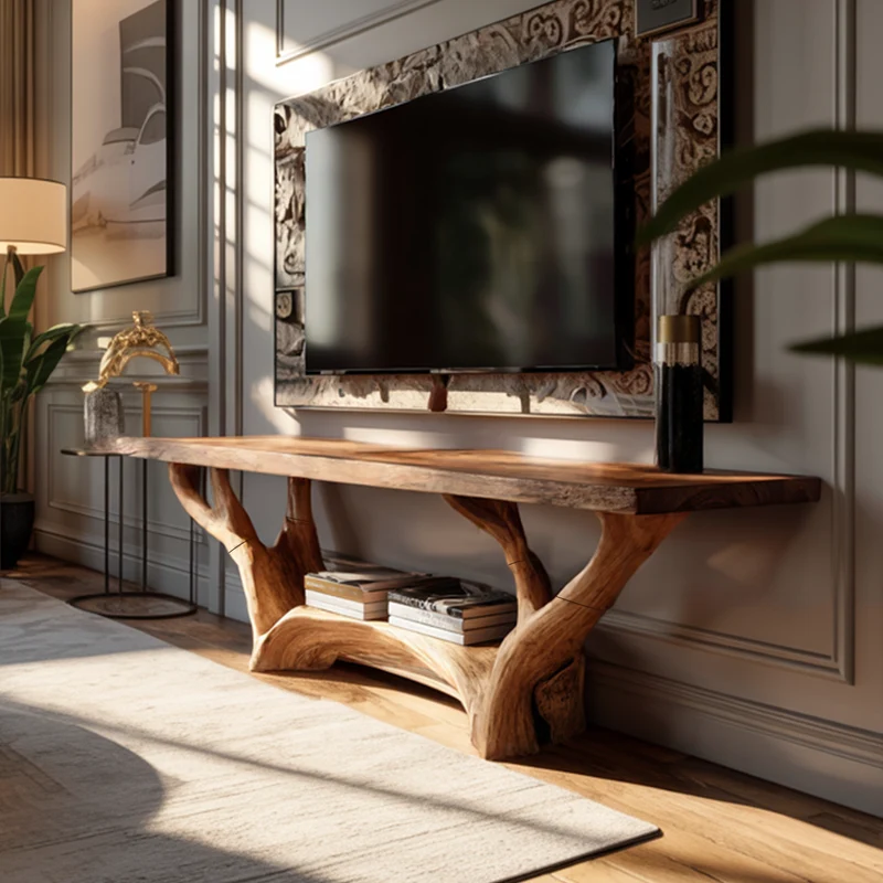 Spry Interior Rustic TV Console Table, Sculpted Solid Wood Base, Handcrafted Entertainment Center & Media Credenza, SINLKICS414