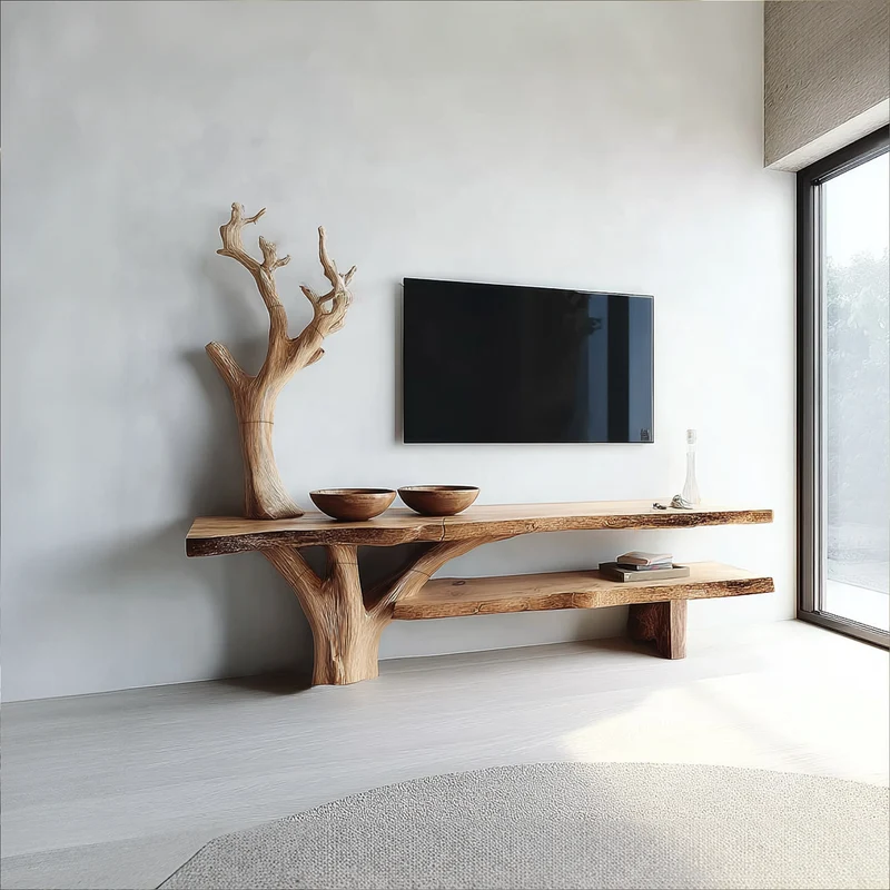 Spry Interior Rustic TV Console Table, Sculpted Solid Wood Base Media Stand, Handcrafted Credenza for Living Room, SINLKICS308