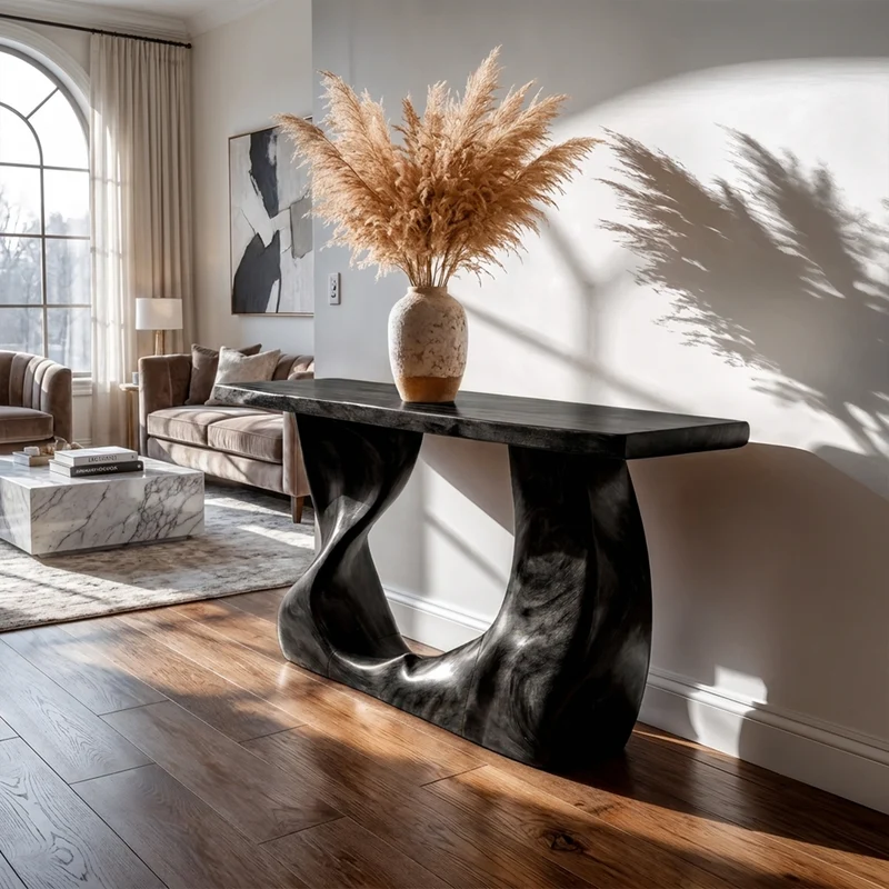 Spry Interior Rustic Modern Console Table, Wavy Carved Solid Wood Base, Handcrafted Entryway & Hallway Accent Table, SINLKICS406