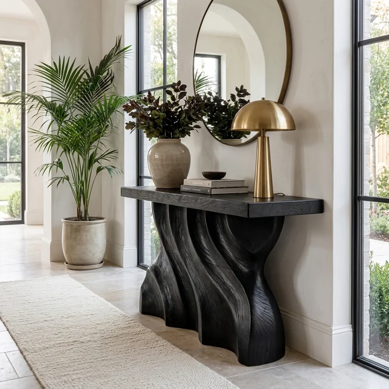 Spry Interior Mid Century Modern Console Table, Sculpted Wood Wave Base, Handmade Foyer & Entryway Display Table, SINLKICS404