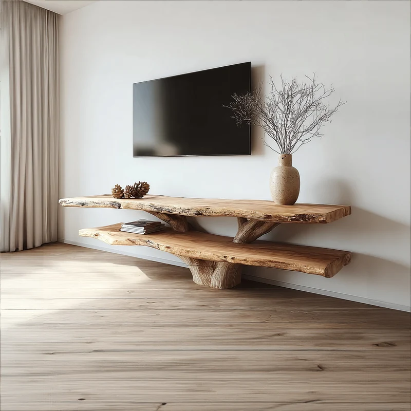 Spry Interior Mid Century Modern 2-Tier TV Console, Live Edge Solid Wood Media Stand for Living Room & Small Spaces, SINLKICS313