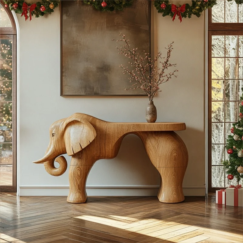 Spry Interior Rustic Solid Wood Console Table, Hand-Carved Elephant Design Accent Table for Entryway & Living Room, SINLKICS399