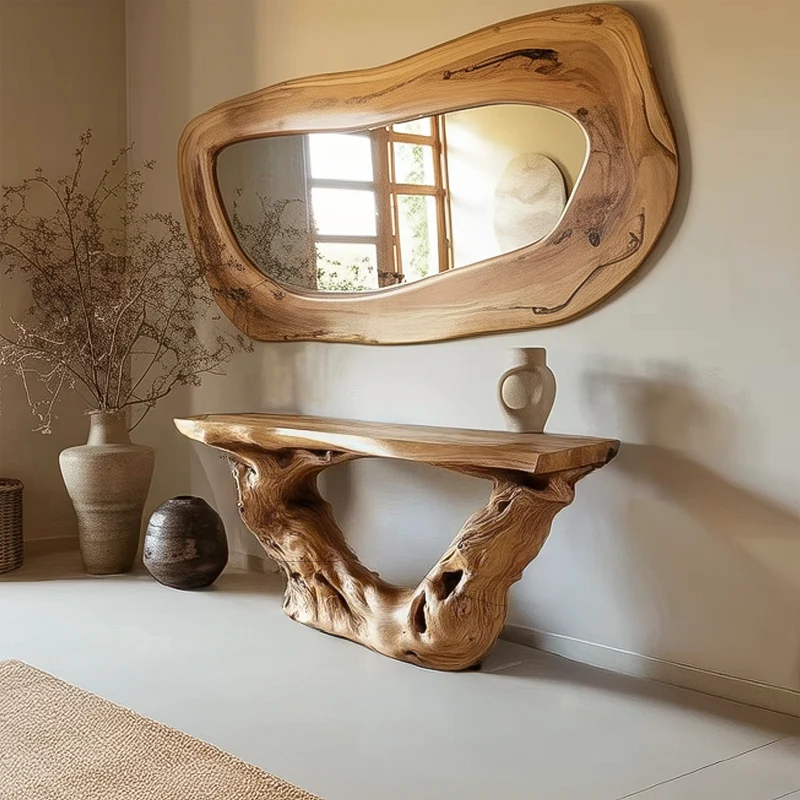 Spry Interior Rustic Wood Slab Foyer Table, Artistic Sculptural Solid Wood Console for Welcome Area & Living Room, SINLSACS394