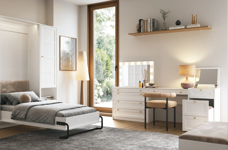 Rosello Schlafzimmer-Set 8-teilig – Platzsparendes Schrankbett-System in Weiß mit Schminktisch