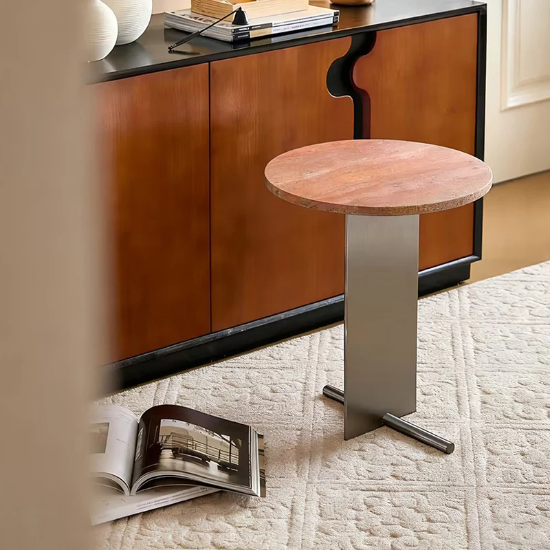 Contemporary Industrial Natural Travertine Stainless Steel Round Side Table 1-Tier For Living Room