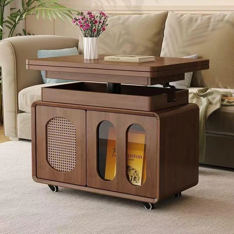 Contemporary Creative Engineered Wood Glass Lift-Top Rolling Rectangular Coffee Table With Storage For Living Room