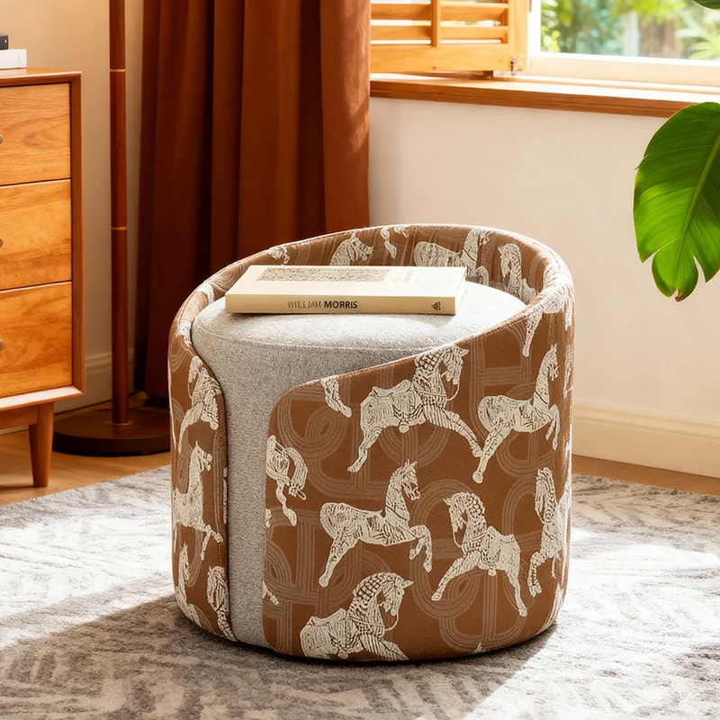Traditional French Linen Carbon Steel Solid Wood Square Cylindrical Low Stool For Living Room