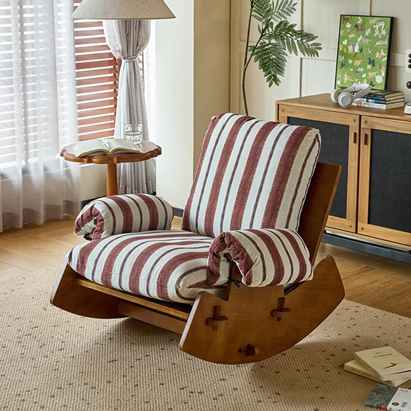 Contemporary Retro Solid Wood Linen & Velvet Detachable Washable Design Rocking Chair With Cushioned Seat Backrest Armrest For Living Room