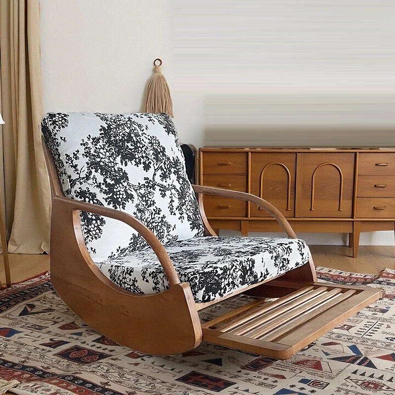 Contemporary Retro Solid Wood Velvet Rocking Chair With Armrests & Extendable Footrest For Living Room